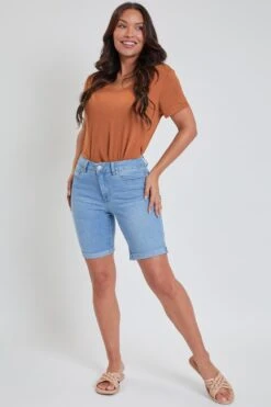 Women's Petite Tummy Control Rolled Cuff Bermuda Denim