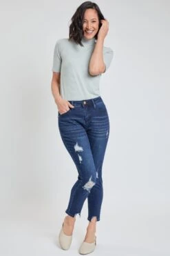 Women's High Rise Ankle Jean With Destructed Hem