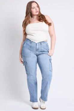 Women's Plus High Rise Elastic Waist Cargo Straight Leg Jeans -Wana Fashion Shop EP114762 36C 6