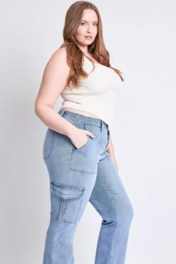 Women's Plus High Rise Elastic Waist Cargo Straight Leg Jeans -Wana Fashion Shop EP114762 36C 7