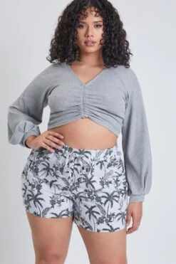 Women's Plus Linen Shorts With Shirred Patch Pockets -Wana Fashion Shop ES2651LN 2806 2