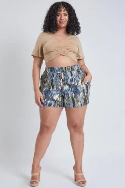 Women's Plus Linen Shorts With Shirred Patch Pockets -Wana Fashion Shop ES2651LN 2861 2