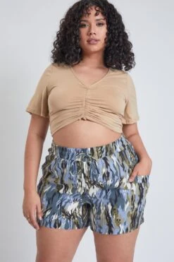 Women's Plus Linen Shorts With Shirred Patch Pockets -Wana Fashion Shop ES2651LN 2861 3