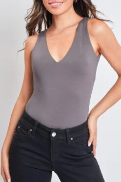 Women's Double V Neck Tank Bodysuit -Wana Fashion Shop FT6235 CHAR 1