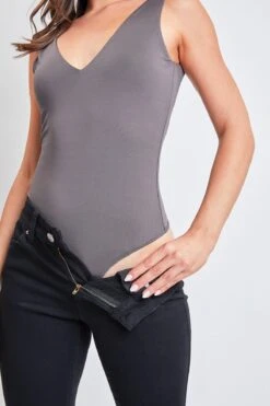 Women's Double V Neck Tank Bodysuit -Wana Fashion Shop FT6235 CHAR 3