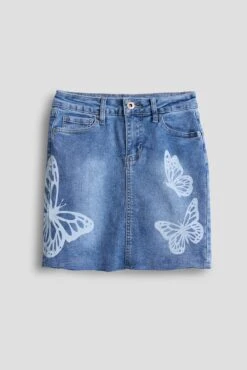 Girls Brittney Butterfly Print Denim Mini Skirt