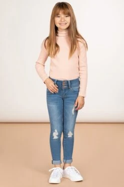 Girls WannaBettaFit 3-Button Roll Cuffed Distressed Skinny Jeans -Wana Fashion Shop GP222941 1542 2