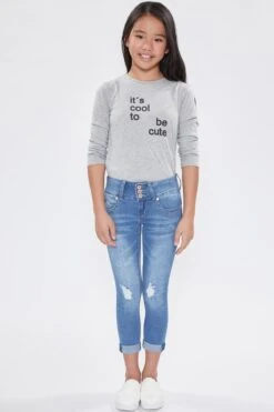 Girls WannaBettaFit 3-Button Roll Cuffed Distressed Skinny Jeans -Wana Fashion Shop GP222941 2035 2