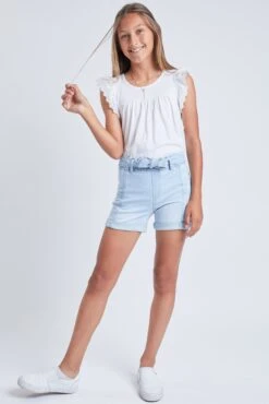 Girls Paper Bag Cuffed Shorts With Self Belt 15 Girls Paper Bag Cuffed Shorts With Self Belt -Wana Fashion Shop GS68550 Q08 1