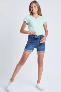 Girls Paper Bag Cuffed Shorts With Self Belt 18 Girls Paper Bag Cuffed Shorts With Self Belt -Wana Fashion Shop GS68550 S08 1 Custom