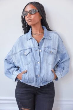 Women's 80's Style Denim Jacket With Elastic Hem -Wana Fashion Shop J10776 36L1 LS2
