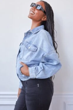 Women's 80's Style Denim Jacket With Elastic Hem -Wana Fashion Shop J10776 36L1 LS3