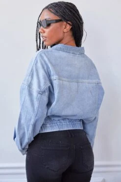 Women's 80's Style Denim Jacket With Elastic Hem -Wana Fashion Shop J10776 36L1 LS4