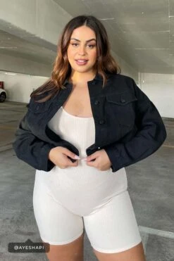 Women's 80's Style Denim Jacket With Elastic Hem -Wana Fashion Shop J107776 W37 BLACK W 80 S STYLE DENIM JACKET AYESHAPI 3 1