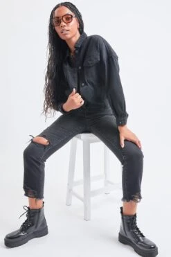 Women's 80's Style Denim Jacket With Elastic Hem -Wana Fashion Shop J107776 W37 5