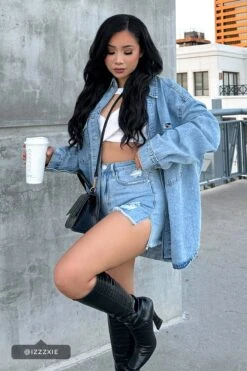 Women's Long Sleeve Denim Oversized Shacket -Wana Fashion Shop J1090DSH POTASSIUM RIPS 2524C