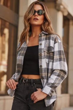 Women's Oversized Plaid Flannel Shacket 28 Women's Oversized Plaid Flannel Shacket -Wana Fashion Shop J1115PSH GRYP P159868 08W LS2 28a70895 5be6 41ac a5df daae52afebb1