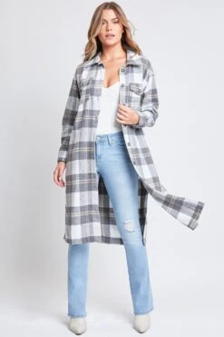 Women's Plaid Shacket Long Duster -Wana Fashion Shop J1116PSH GRYPL 3
