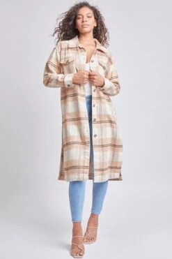 Women's Plaid Shacket Long Duster -Wana Fashion Shop J1116PSH KHAPL 2