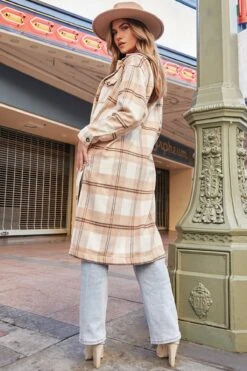 Women's Plaid Shacket Long Duster -Wana Fashion Shop J1116PSH KHAPL P165775 08Q LS2