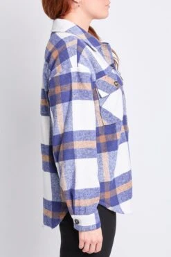 Women's Oversized Plaid Flannel Sherpa Shacket -Wana Fashion Shop J1227SSH NVCRP 2