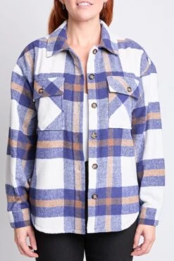 Women's Oversized Plaid Flannel Sherpa Shacket -Wana Fashion Shop J1227SSH NVCRP 4