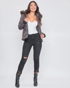 Women's Winter Puffer Jacket With Faux Fur Hoodie -Wana Fashion Shop J1623 CHARCOAL 1