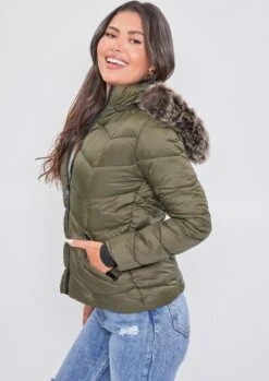 Women's Winter Puffer Jacket With Faux Fur Hoodie -Wana Fashion Shop J1623 OLIVE 3