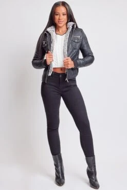 Women's Winter Faux Leather Jacket With Sherpa Fur Hoodie -Wana Fashion Shop J1673 BLACK 2 06ddea0c bcbf 4427 9820 b5cc28590454