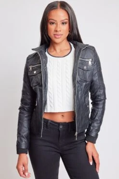 Women's Winter Faux Leather Jacket With Sherpa Fur Hoodie