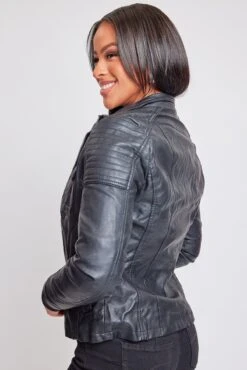 Women's Winter Faux Leather Jacket With Sherpa Fur Hoodie -Wana Fashion Shop J1673 BLACK 6