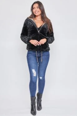 Women's Winter Faux Fur Reversible Jacket -Wana Fashion Shop J1681 BLACKLEOPARDNTRL 1