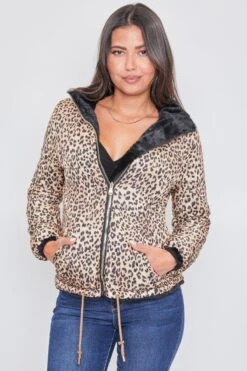 Women's Winter Faux Fur Reversible Jacket -Wana Fashion Shop J1681 BLACKLEOPARDNTRL 7