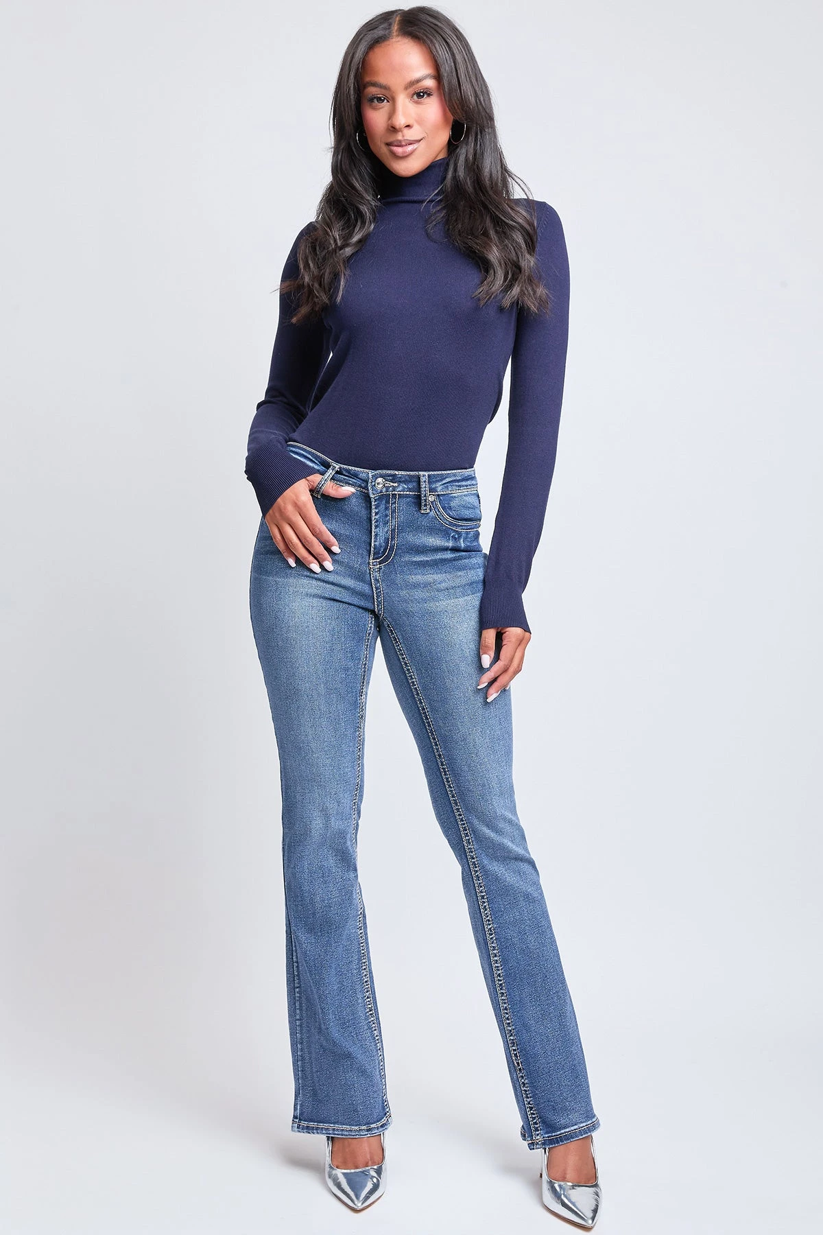 Women's Mid Rise Heavy Stitch Bootcut Cross Studded Jeans 3 Women's Mid Rise Heavy Stitch Bootcut Cross Studded Jeans