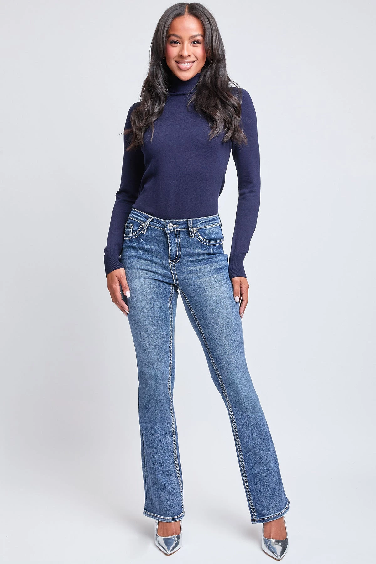 Women's Mid Rise Heavy Stitch Bootcut Cross Studded Jeans 9 Women's Mid Rise Heavy Stitch Bootcut Cross Studded Jeans - Image 7