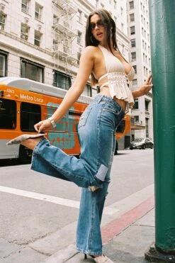 Women's Low Rise Patchwork Straight Leg Jeans -Wana Fashion Shop P050176 248Y 7