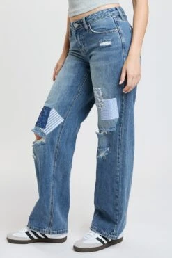 Women's Low Rise Patchwork Straight Leg Jeans -Wana Fashion Shop P050176 248Y 4