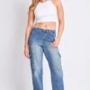 Women's High Rise Elastic Waist Cargo Straight Leg Jeans