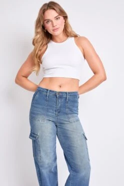 Women's High Rise Elastic Waist Cargo Straight Leg Jeans -Wana Fashion Shop P114762 08NT 7