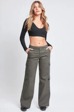 Women's High Rise Double Pocket Wide Leg Cargo Pants -Wana Fashion Shop P190321 OLIVE 2