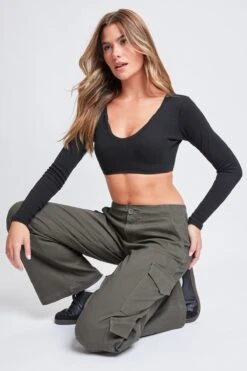 Women's High Rise Double Pocket Wide Leg Cargo Pants -Wana Fashion Shop P190321 OLIVE 6