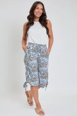 Women's Petite Linen Elastic Waist Capri Side Keyhole With Tie Hem -Wana Fashion Shop PC355RC PSFLO 1