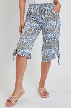 Women's Petite Linen Elastic Waist Capri Side Keyhole With Tie Hem -Wana Fashion Shop PC355RC PSFLO 2