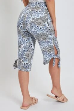 Women's Petite Linen Elastic Waist Capri Side Keyhole With Tie Hem -Wana Fashion Shop PC355RC PSFLO 4