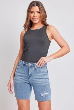 Women's Luxe High Rise Long Short Denim-Distressed 35 Women's Luxe High Rise Long Short Denim-Distressed -Wana Fashion Shop S293560 3020M 5