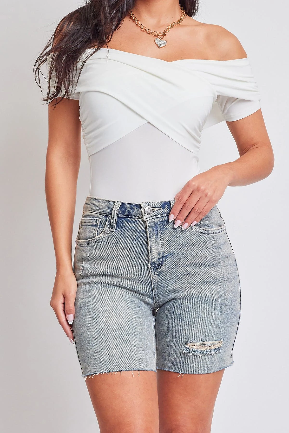 Women's Luxe High Rise Long Short Denim-Distressed 9 Women's Luxe High Rise Long Short Denim-Distressed - Image 7