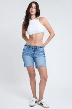 Women's Luxe Mid Rise Long Short With Raw Hem -Wana Fashion Shop S316299 3160M 5