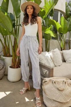 Women's Linen Joggers With Banded Hem -Wana Fashion Shop WF1195LN ST003 LS1