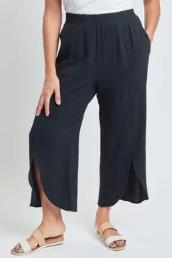 Women’s Double Gauze Front Split Wide Leg Pants 17 Women’s Double Gauze Front Split Wide Leg Pants -Wana Fashion Shop WF1199DG BLACK 3