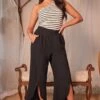 Women’s Double Gauze Front Split Wide Leg Pants -Wana Fashion Shop WF1199DG BLACK LS1